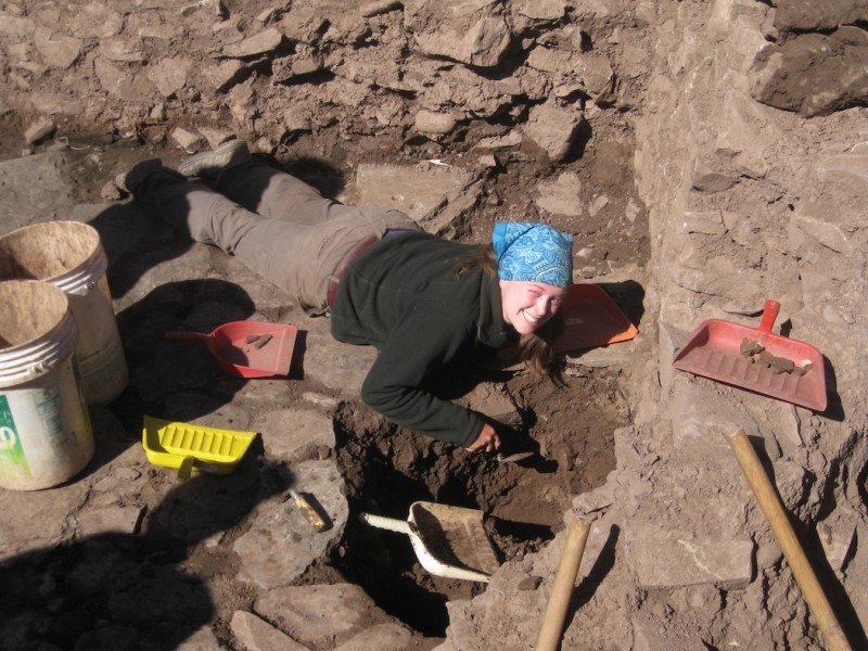 Brittany Fullen excavating at a Wari site called Hatun Cotuyoc in Huaro, Peru (near Cusco), in 2011.