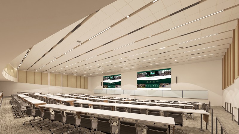 A rendering of one of the auditoriums that will be built in the new Lecture Hall building, with a completion date of June 2027.
