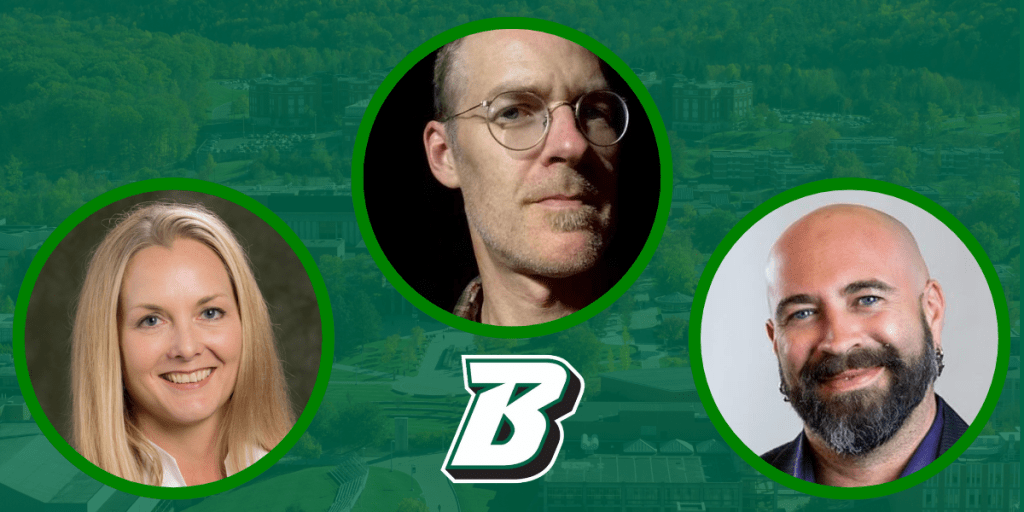 Professors Laura Fine Hawkes, Monteith McCollum and Michael Rathbun merge art and technology to explore interdisciplinary careers in the new lighting and sound minors. Image Credit: Provided.