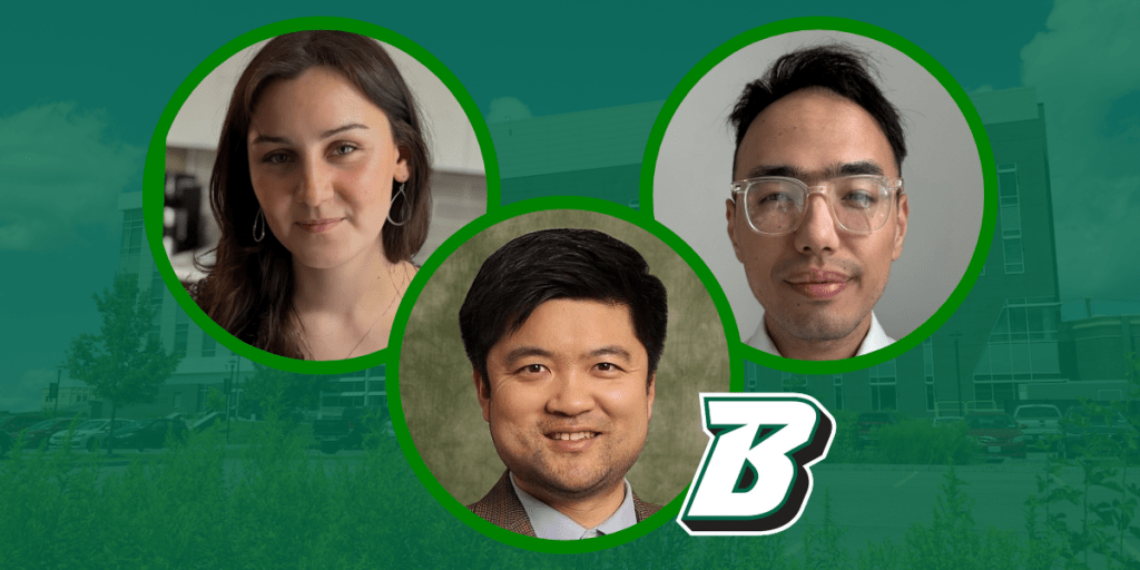 Headshots of Prince Karmacharya and neuroscience student Andrianna Poznahovska with Professor Yuanjun Shen in bubbles overlaid on a green background.