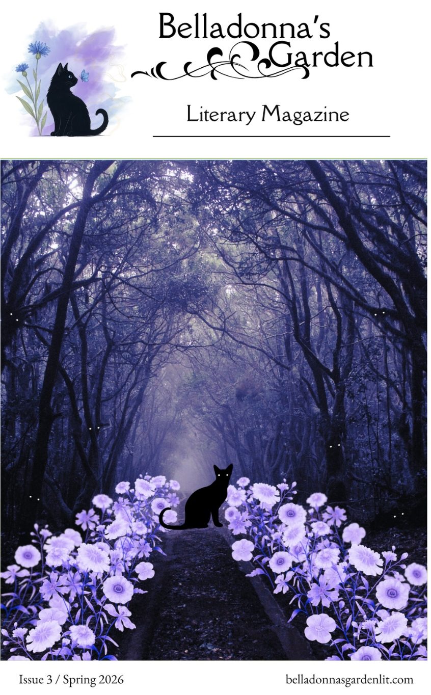A graphic of a black cat sitting in a purple forest with decorative folowers and glowing eyes