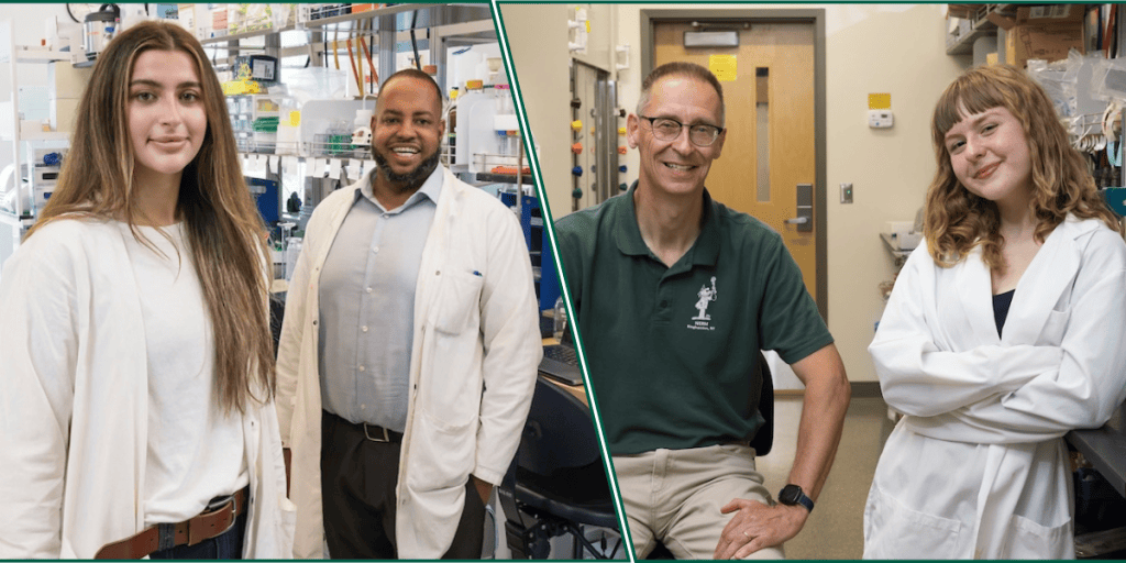 Binghamton’s Beckman Scholars explore research that could shape the future while gaining hands-on research experience along with mentorship and national connections during their 15-month projects. Brikena Kukaj (far left), an integrative neuroscience major, mentored by Tony Davis (left), an assistant professor of pharmaceutical sciences, and Nini Dzotsenidze (far right), a chemistry major, mentored by Christof Grewer (right), professor and department chair of Chemistry, were named this year’s awardees. Image Credit: Jonathan Cohen.